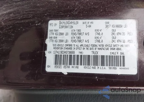 2004 Dodge Ram 1500 Slt/Laramie из США, поврежденный, VIN 1D7HU18D34S738668